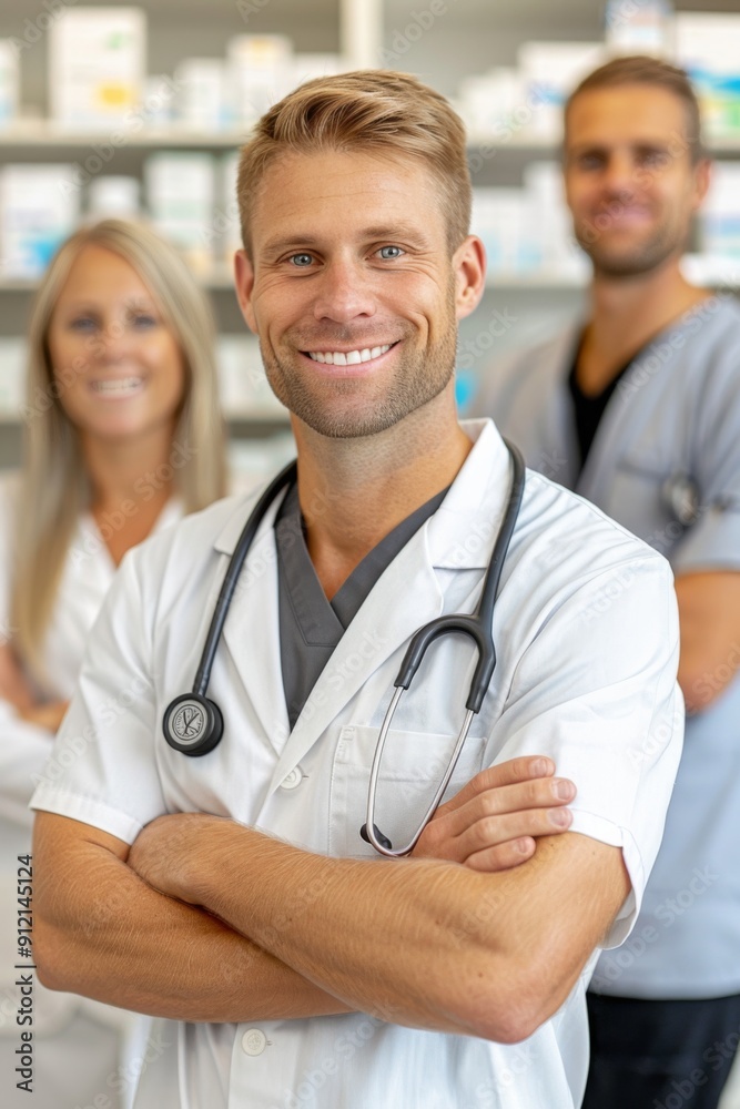 Confident Young Male Doctor with Supportive Team in Modern Pharmacy Confident Young Male Doctor with Supportive Team in Modern Pharmacy