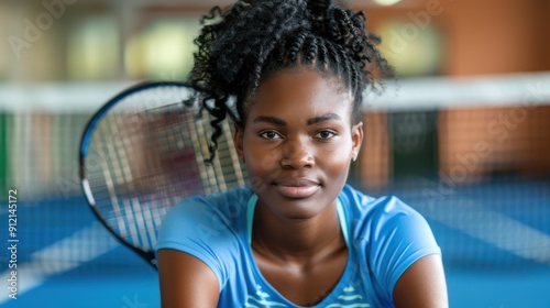 Young female tennis player in blue shirt with racket on indoor court, smiling and ready for match.