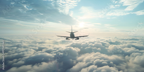 Airplane on blue sky and clouds on the sunset