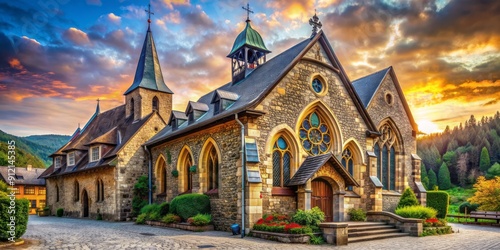 Majestic stone church with ornate architecture, vibrant stained glass windows, and serene surroundings in a picturesque European village setting. photo