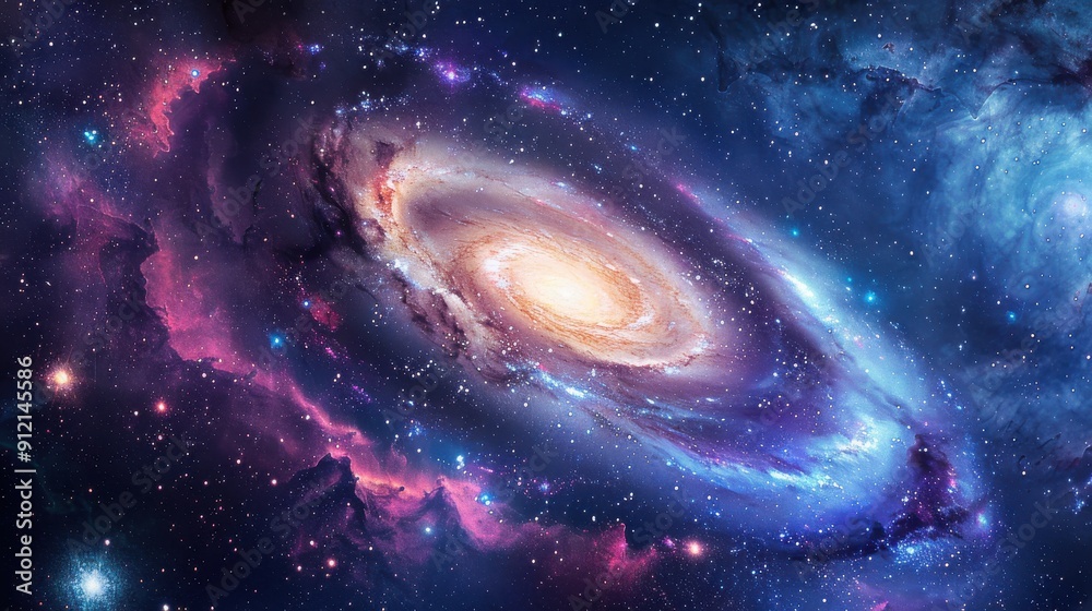 Obraz premium A breathtaking galaxy background showcasing a spiral galaxy with swirling arms of stars and cosmic dust in vivid colors of blue, purple, and pink, with a glowing core at the center, surrounded by