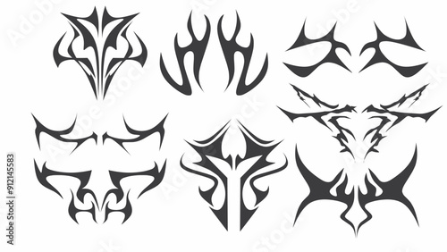 Grunge tribal shapes with a stiff touch. Set of Symmetrical Tribal Pattern Cyber ​​Gothic Elements in Abstract White black Print for t-shirt, hoodie and sweatshirt or card, poster