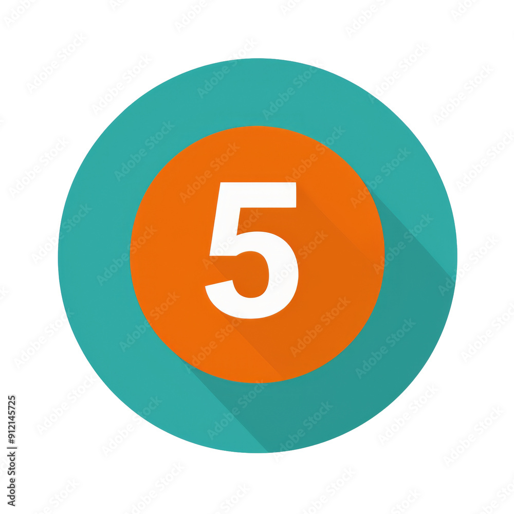 Number 5 Icon on Vibrant Teal Circle with Shadow Number 5 Icon on Vibrant Teal Circle with Shadow