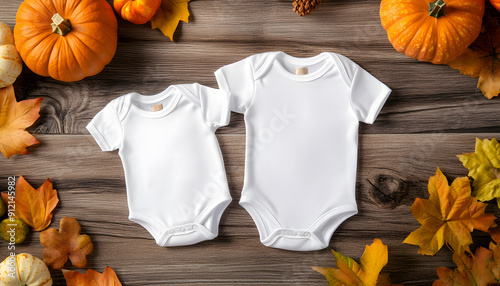 White baby bodysuit mock-up, Halloween-themed, on a wooden background  design