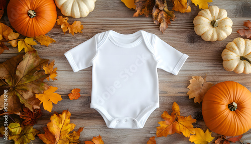 White baby bodysuit mock-up, Halloween-themed, on a wooden background  design