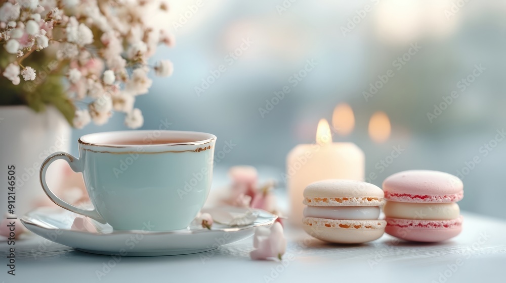 Miniature candles illuminating a tiny tea party scene with porcelain teacups. Miniature candles illuminating a tiny tea party scene with porcelain teacups.