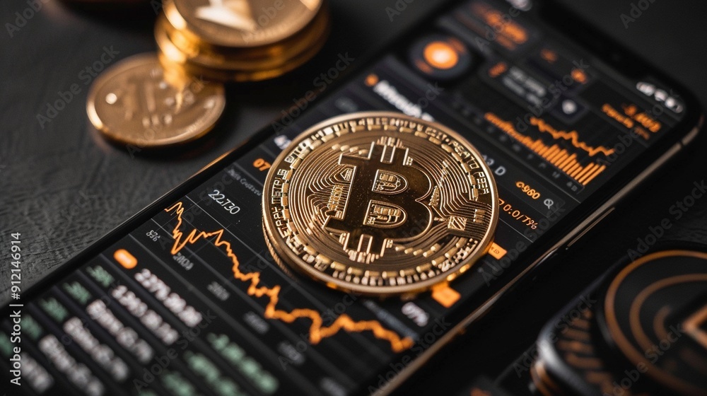 Close-up of a smartphone displaying cryptocurrency trading graphs with Bitcoin coins, symbolizing mobile trading. Close-up of a smartphone displaying cryptocurrency trading graphs with Bitcoin coins, symbolizing mobile trading.