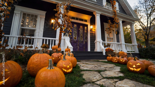 Halloween Decorated Porch with Carved Pumpkins and Spooky Decor, Festive Autumn Scene, Seasonal Home Decorations
 photo