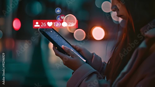 Girl watching on social media,live stream. Person using smartphone with social media. Like notifications, like icons. Phone for communication,texting,like,love emojis on mobile app 4k video