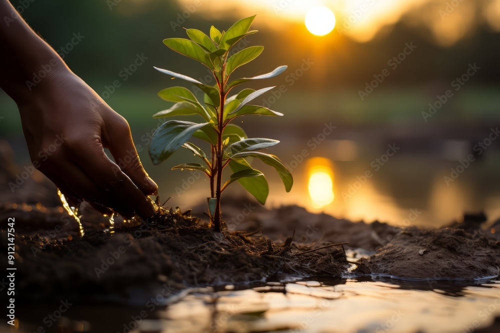 Fototapeta premium A hand gently waters a young tree sapling planted in moist soil, with the sun setting in the background.