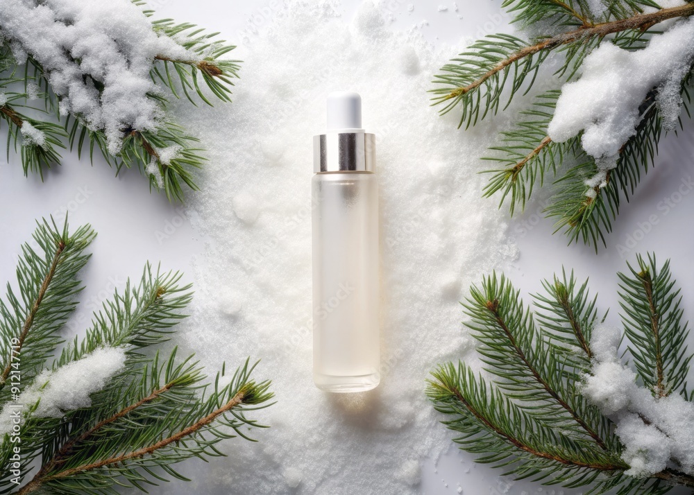 Minimalist still life featuring a transparent cosmetic bottle surrounded by snow-covered fir branches on a soft, creamy white background. Minimalist still life featuring a transparent cosmetic bottle surrounded by snow-covered fir branches on a soft, creamy white background.