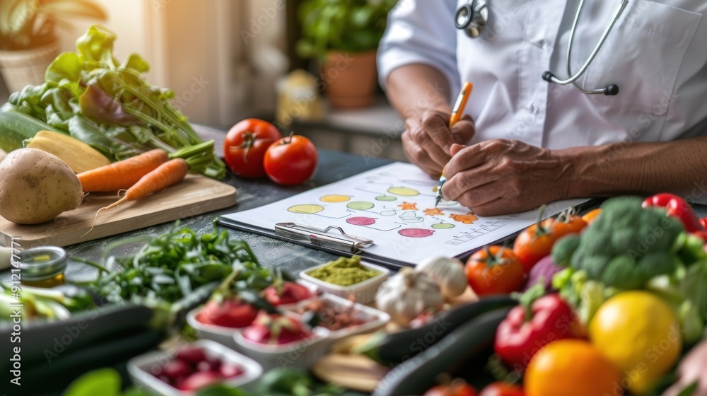 Doctor Discussing Healthy Eating with Patient and Fresh Produce Doctor Discussing Healthy Eating with Patient and Fresh Produce