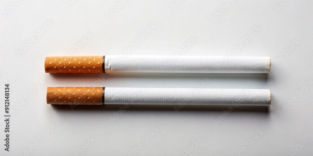 Two identical lit cigarettes placed parallel to each other on a pristine white surface, evoking a sense of addiction and temptation. Two identical lit cigarettes placed parallel to each other on a pristine white surface, evoking a sense of addiction and temptation.