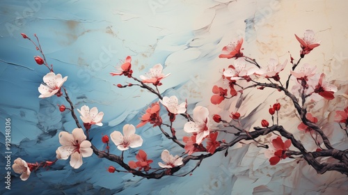 A painting of a branch with pink flowers on it