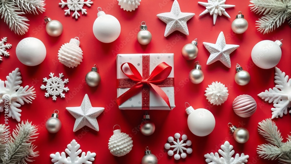 Festive flat lay composition featuring white Christmas decorations, ornaments, and gift ideas on a bold red background. Festive flat lay composition featuring white Christmas decorations, ornaments, and gift ideas on a bold red background.