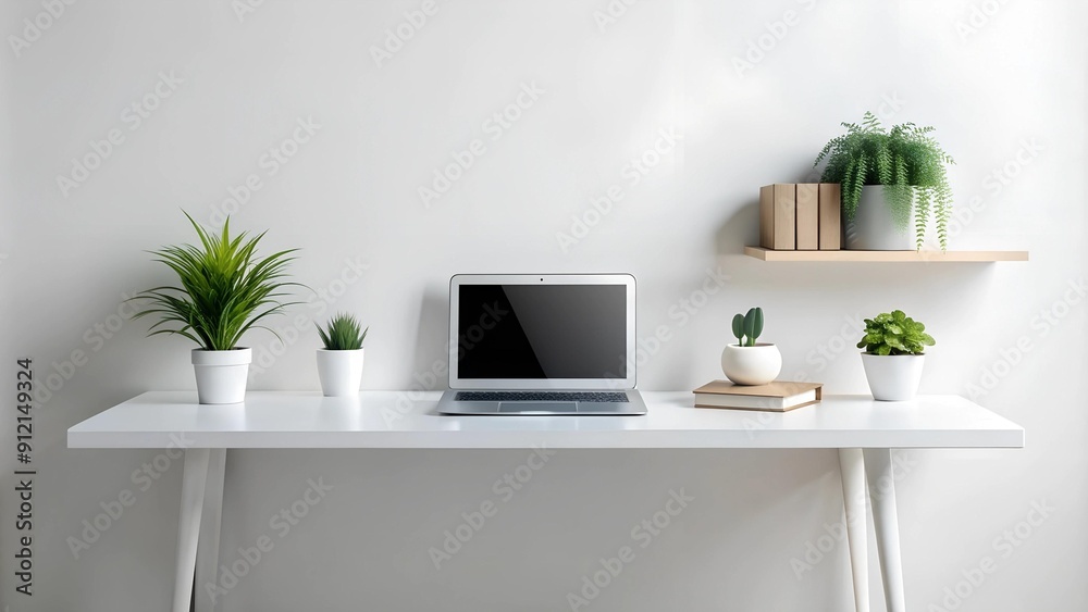 Minimalist White Desk with Laptop and Floating Shelf Generative AI Minimalist White Desk with Laptop and Floating Shelf Generative AI
