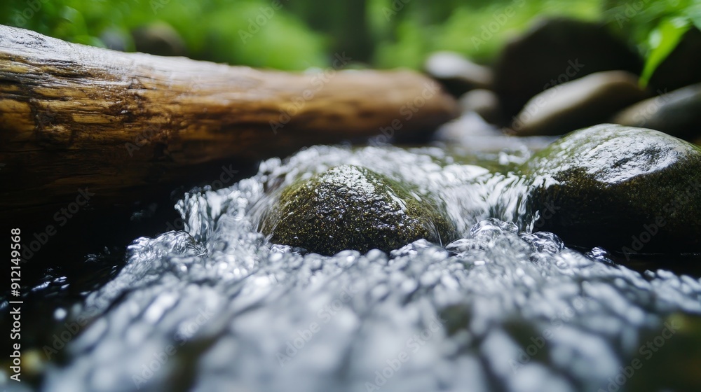 A forest stream with rough stones and logs, the texture of moss and natural elements contrasting with the smooth flow of water