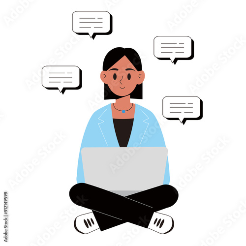 Woman sitting working on laptop, sending messages, vector flat illustration with people scene or web banner design.