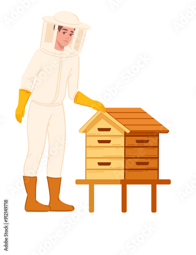Beekeeper with wooden beehive. Professional worker with protective uniform. Cartoon character design. Ideal for educational content and apiary guides. Vector illustration isolated on white background