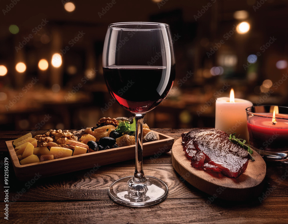 Red wine and cheese pairing by candlelight, featuring fresh tomatoes and crispy appetizers.