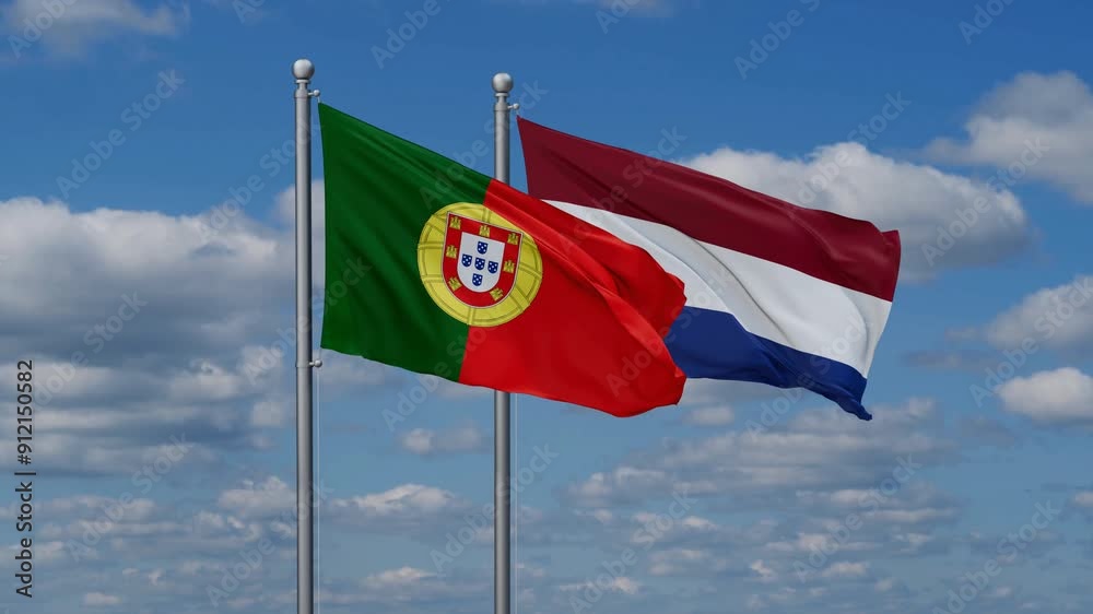 Netherlands and Portugal flags flying together, video concept of the relationship, two country relations concept Netherlands and Portugal flags flying together, video concept of the relationship, two country relations concept