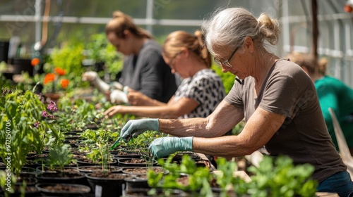 Wallpaper Mural A group of adults taking a gardening class, planting seeds and tending to plants in a greenhouse, with the instructor demonstrating proper techniques  Torontodigital.ca