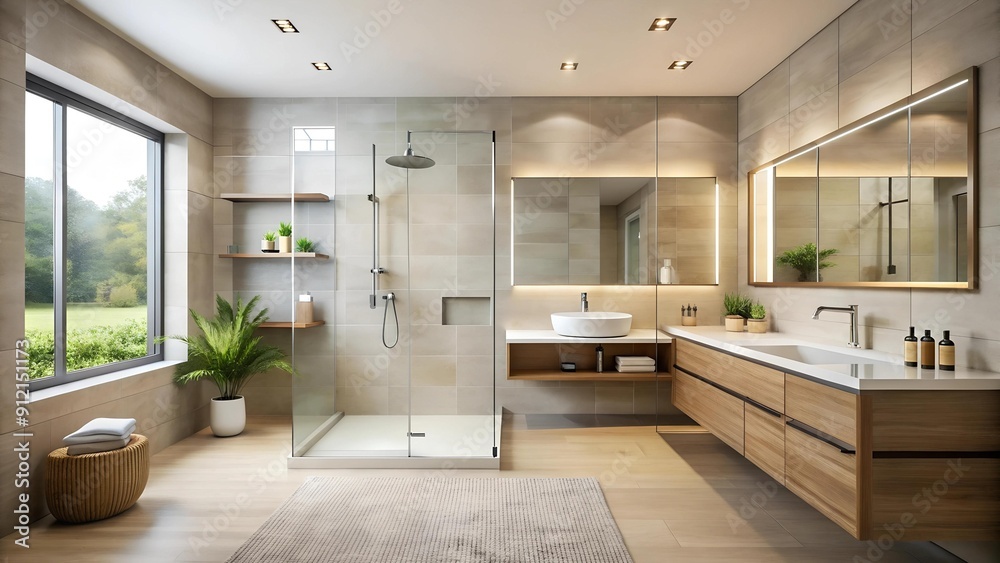 Serene Minimalist Sanctuary: A Modern Bathroom with a Walk-in Shower and Expansive Mirror Generative AI Serene Minimalist Sanctuary: A Modern Bathroom with a Walk-in Shower and Expansive Mirror Generative AI