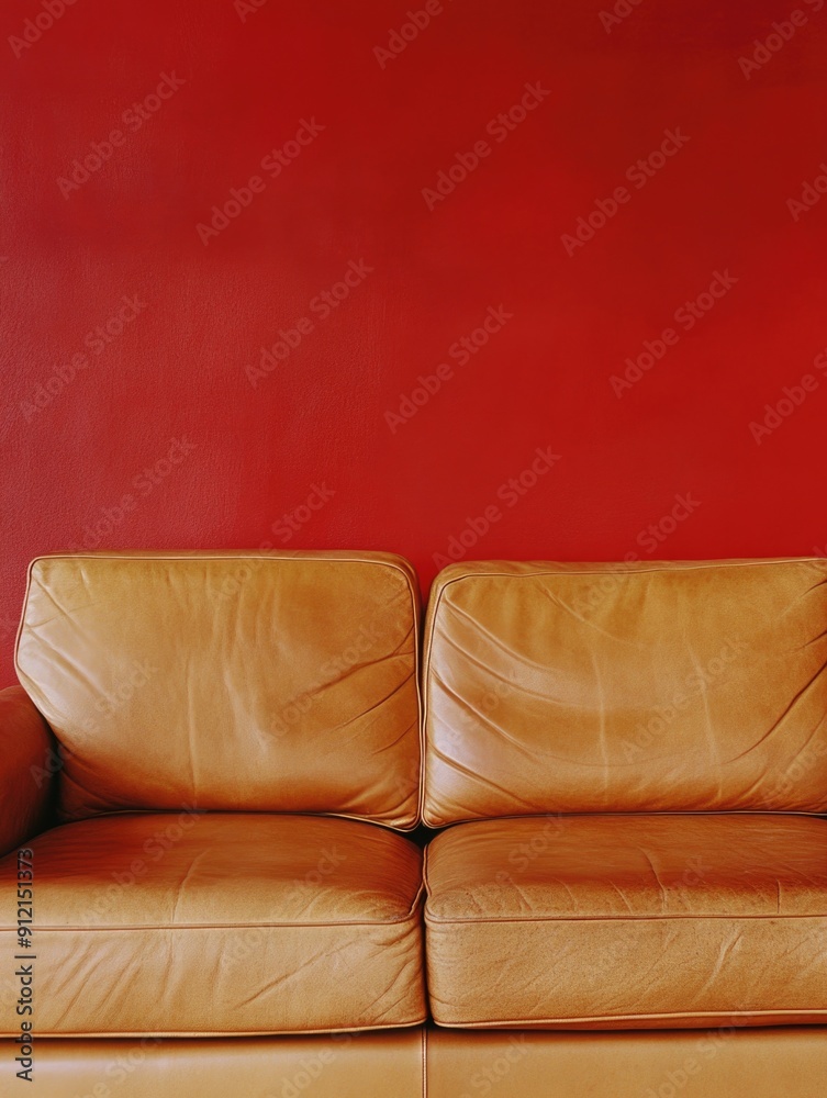Obraz premium Tan Leather Couch Against Red Wall