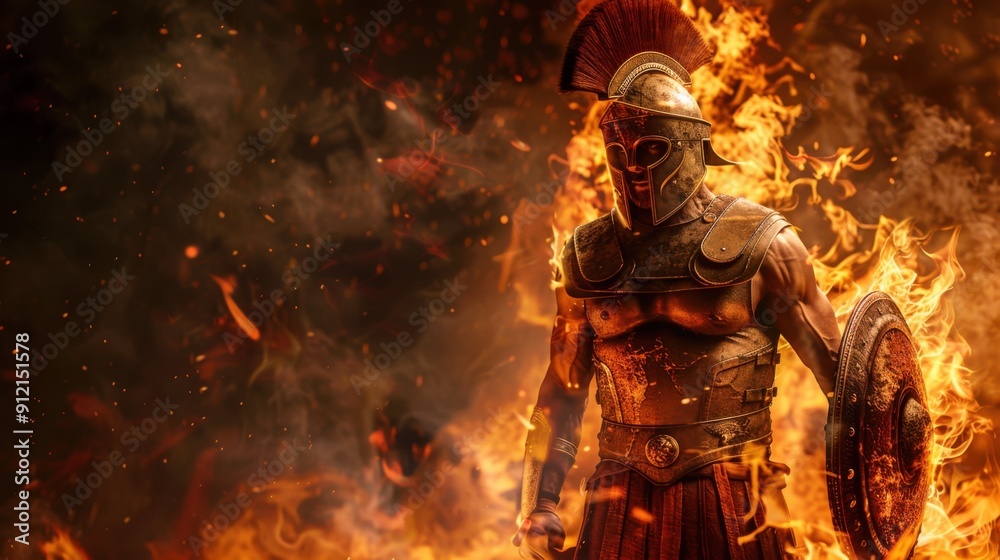 A fierce spartan warrior stands bravely in flames, ready for battle, surrounded by an inferno on a darkening battlefield A fierce spartan warrior stands bravely in flames, ready for battle, surrounded by an inferno on a darkening battlefield