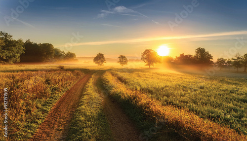 Wallpaper Mural Golden morning light bathes a vast field, with a dirt path leading towards the distant horizon. Torontodigital.ca