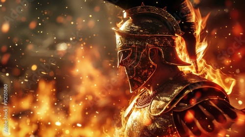 A fierce Spartan warrior enveloped in flames stands valiantly, ready for battle amid the fiery chaos of a fantastical landscape photo