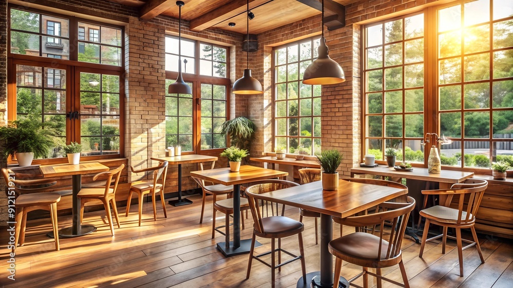 Sun-Drenched Rustic Charm: A Cozy Caf? with Warm Wood and Natural Light  generative AI