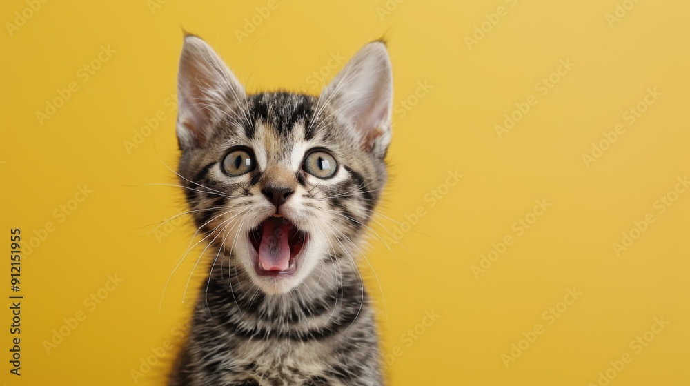 Obraz premium A surprised kitten, eyes wide open, looks astonished against a bright yellow backdrop