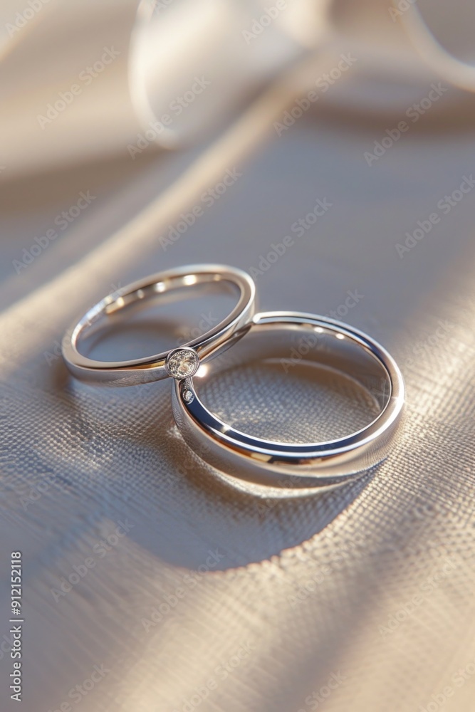 Two gold wedding rings sit on a pure white cloth, symbolizing eternal love and commitment Two gold wedding rings sit on a pure white cloth, symbolizing eternal love and commitment