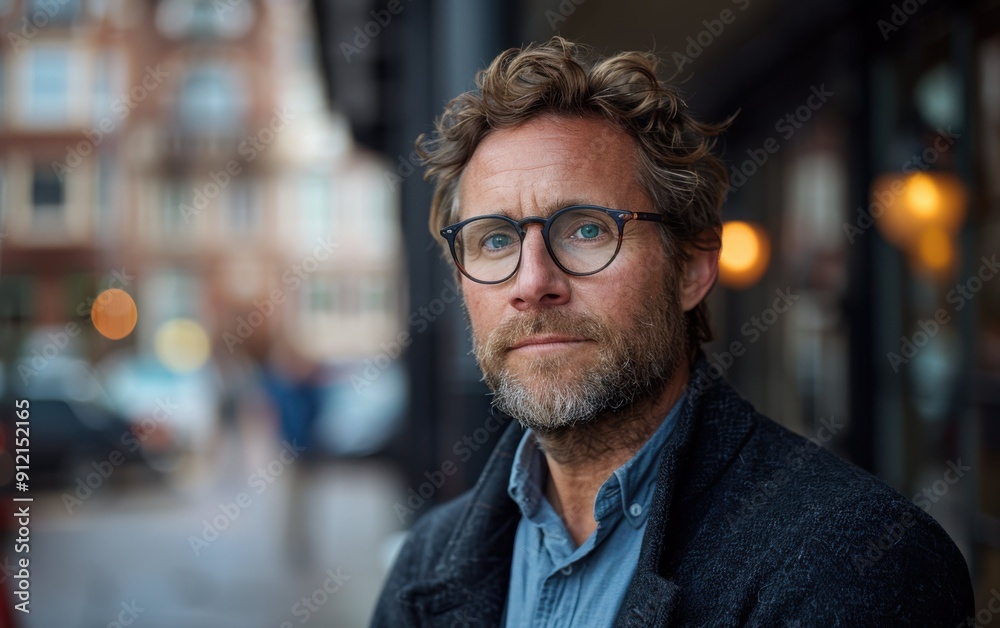 An adult Scandinavian landscape architect thoughtfully considers design ideas while standing in an urban setting under overcast skies An adult Scandinavian landscape architect thoughtfully considers design ideas while standing in an urban setting under overcast skies