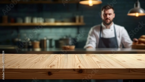 An empty wooden table with a blurred chef in the restaurant kitchen at work in the background