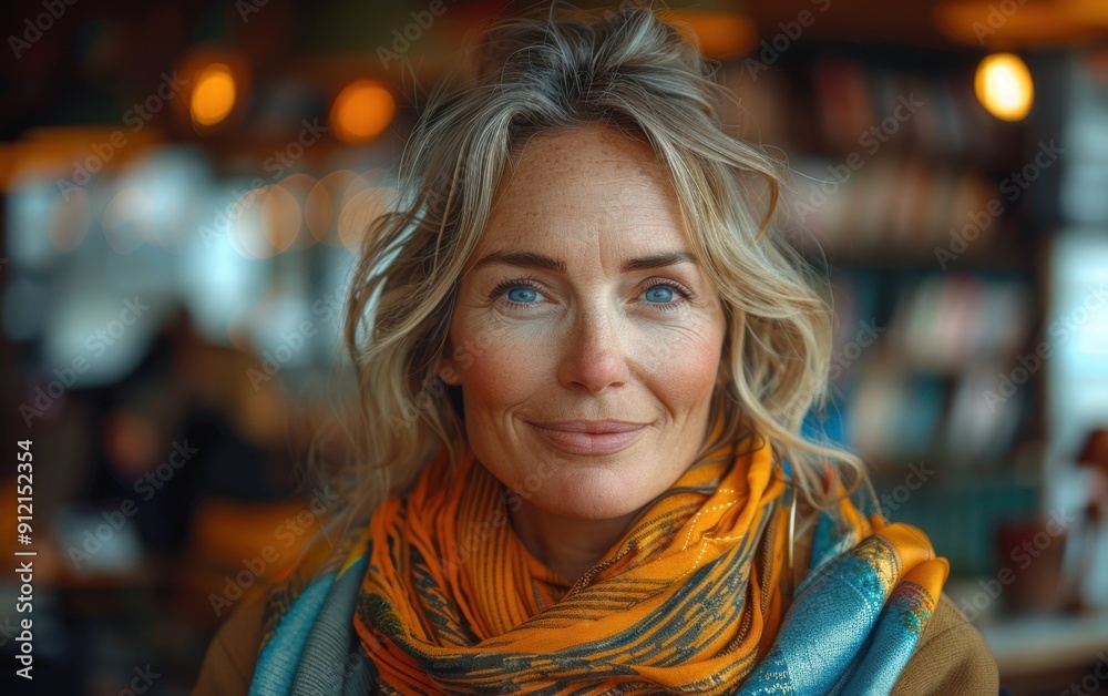 A Scandinavian adult is participating in a lively discussion about literature in a warm, inviting bookstore café during winter A Scandinavian adult is participating in a lively discussion about literature in a warm, inviting bookstore café during winter