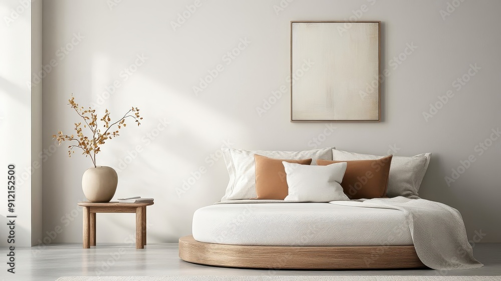 Fototapeta premium Minimalist bedroom focusing on circular bed and abstract painting.