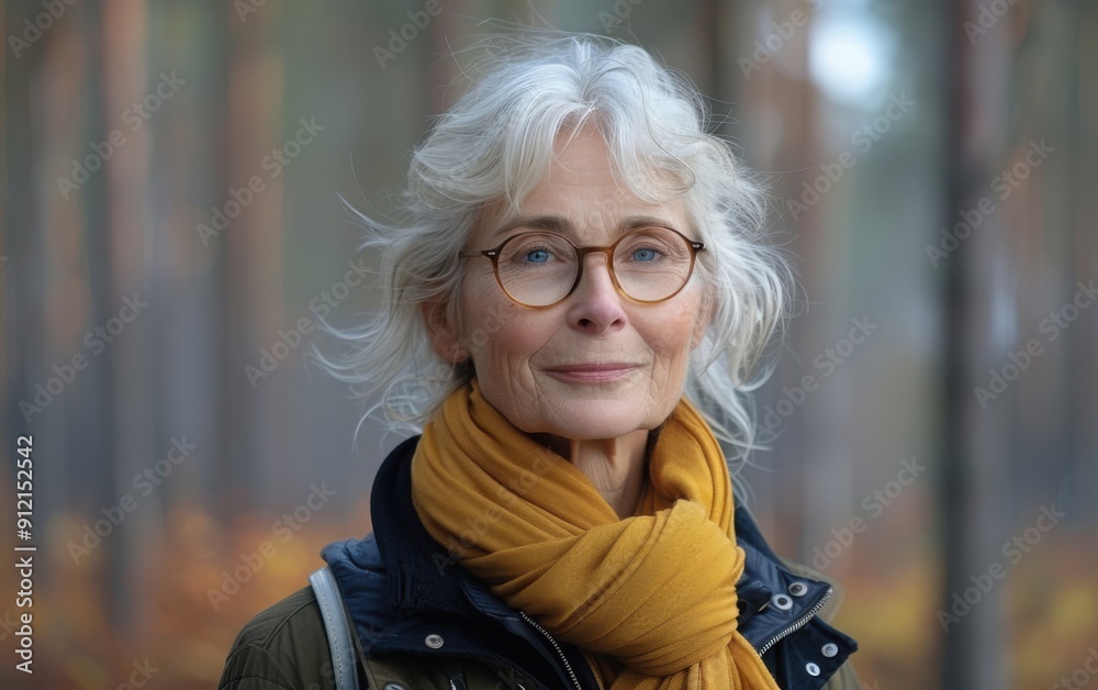 A Scandinavian adult enjoys wildlife observation in a serene forest setting, surrounded by autumn colors and soft light A Scandinavian adult enjoys wildlife observation in a serene forest setting, surrounded by autumn colors and soft light
