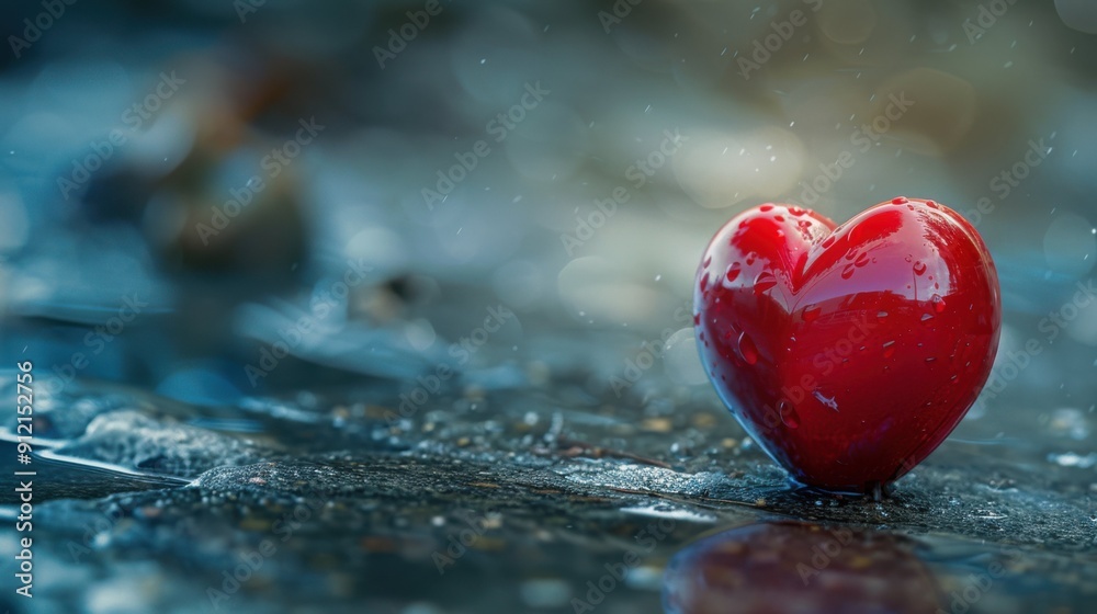 Fototapeta premium A radiant red heart rests on a wet surface, glistening as soft light reflects in a blurred backdrop, evoking feelings of love and warmth