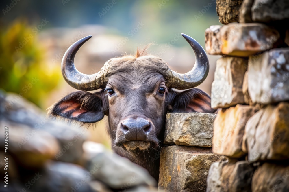 Water Buffalo Peeking Through Stones. Water Buffalo Peeking Through Stones.