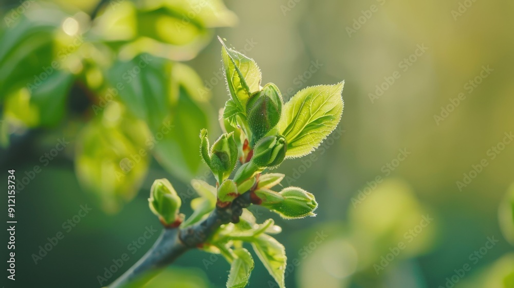 New green leaves are unfurling from a branch, showcasing fresh growth in the warmth of springtime sunlight