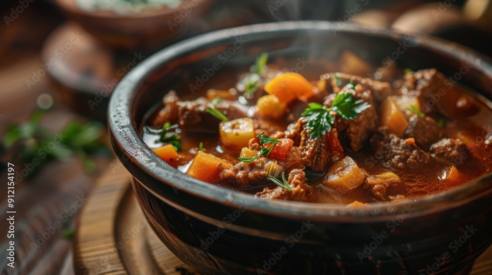 A steaming bowl of goulash soup filled with tender meat and fresh vegetables sits on a wooden table, evoking warmth and comfort on a chilly day A steaming bowl of goulash soup filled with tender meat and fresh vegetables sits on a wooden table, evoking warmth and comfort on a chilly day