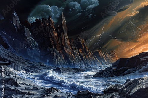 A dramatic landscape of stormy seas crashing against rugged cliffs under a dark and ominous sky