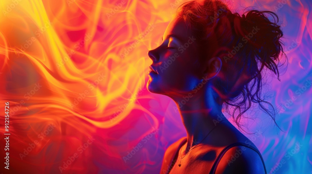A girl sits in meditation, enveloped by vibrant, swirling colors that create a serene and mystical atmosphere around her