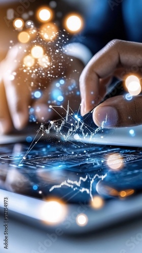 A close-up of a hand interacting with a digital screen showcasing data analysis and futuristic technology elements.