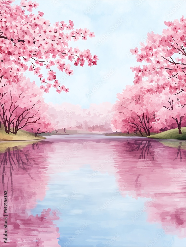 Cherry blossom trees reflecting on a tranquil river. Cherry blossom trees reflecting on a tranquil river.