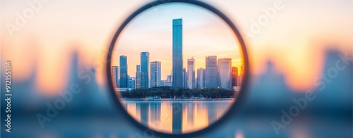 City skyline at sunset viewed through a magnifying glass.