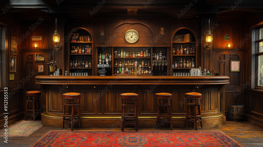 Old British Pub Interior with Wooden Paneling and Stocked Bar Counter at Night, Traditional Cozy Pub Atmosphere, Vintage Furniture, Four Empty Bar Stools, Carpeting, Warm Lighting