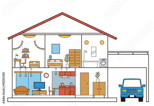 シンプルな住宅、一戸建て、家の断面図のイラスト　二階建て　駐車場と自動車　白背景